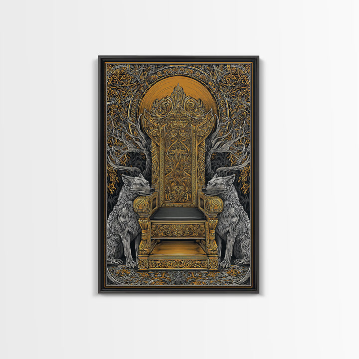 Yggdrasil Throne Canvas Gold Art, Norse Mythology Viking Chair Canvas Art, Office or Man Cave Wall Decor, Real Wood Frame Included