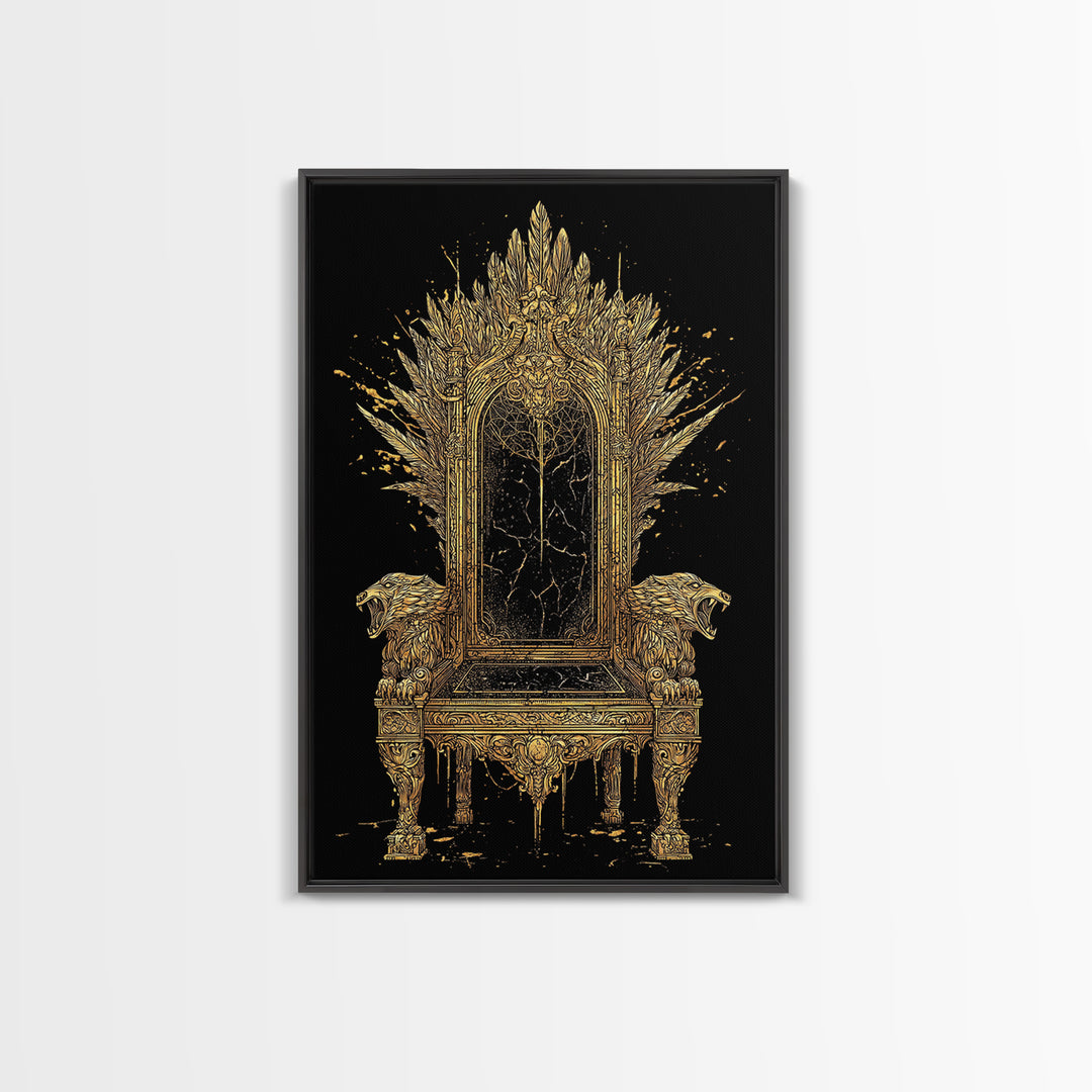 Norse Throne Canvas Gold Art, Viking Canvas Art for Office or Man Cave, Nordic Mythology Wall Decor framed in natural wood