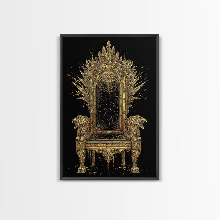 Norse Throne Canvas Gold Art, Viking Canvas Art for Office or Man Cave, Nordic Mythology Wall Decor framed in natural wood