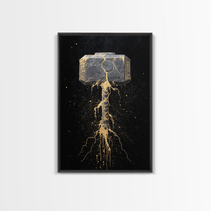Thor’s Hammer Mjolnir Canvas Gold Art, Norse Canvas Art Wall Decor for Man Cave or Office, Viking Gift framed with real wood