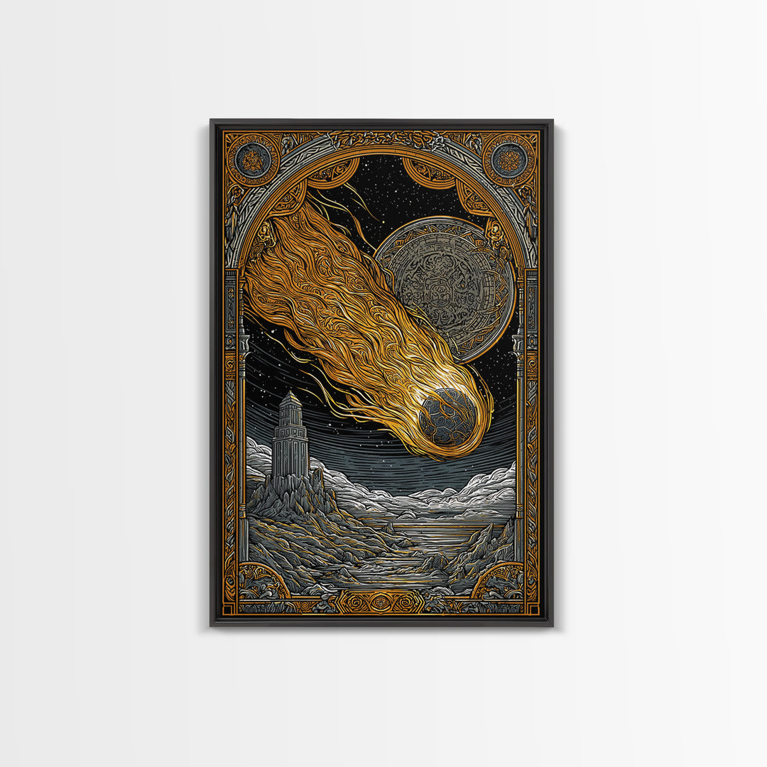Falling Star Canvas Gold Art, Nordic Canvas Art of Ragnarok Myth, Viking Astronomy Wall Decor framed in natural wood for men