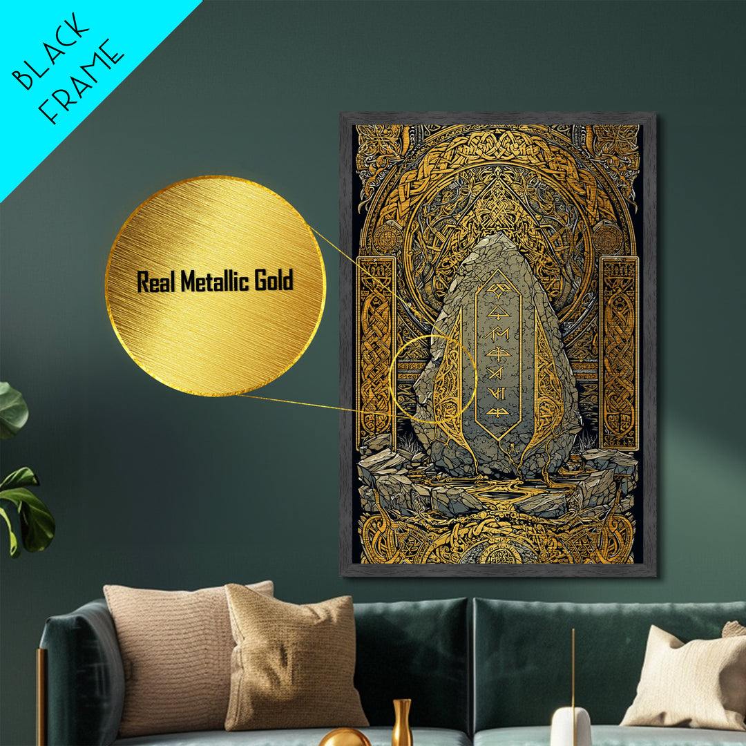 Obelisk Metallic Gold Art, Viking Metal Art Wall Decor with Norse Runes, Nordic Myth Inspired Office Decor in real wood frame