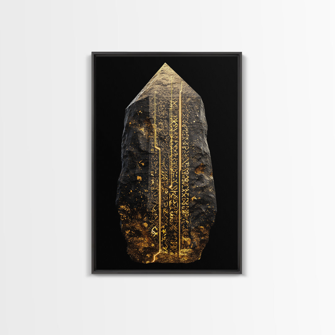 Runestone Canvas Gold Art, Nordic Canvas Art with Ancient Viking Runes, Norse Mythology Wall Decor framed in natural wood