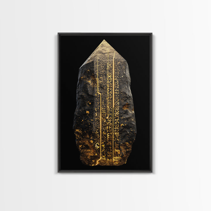 Runestone Canvas Gold Art, Nordic Canvas Art with Ancient Viking Runes, Norse Mythology Wall Decor framed in natural wood