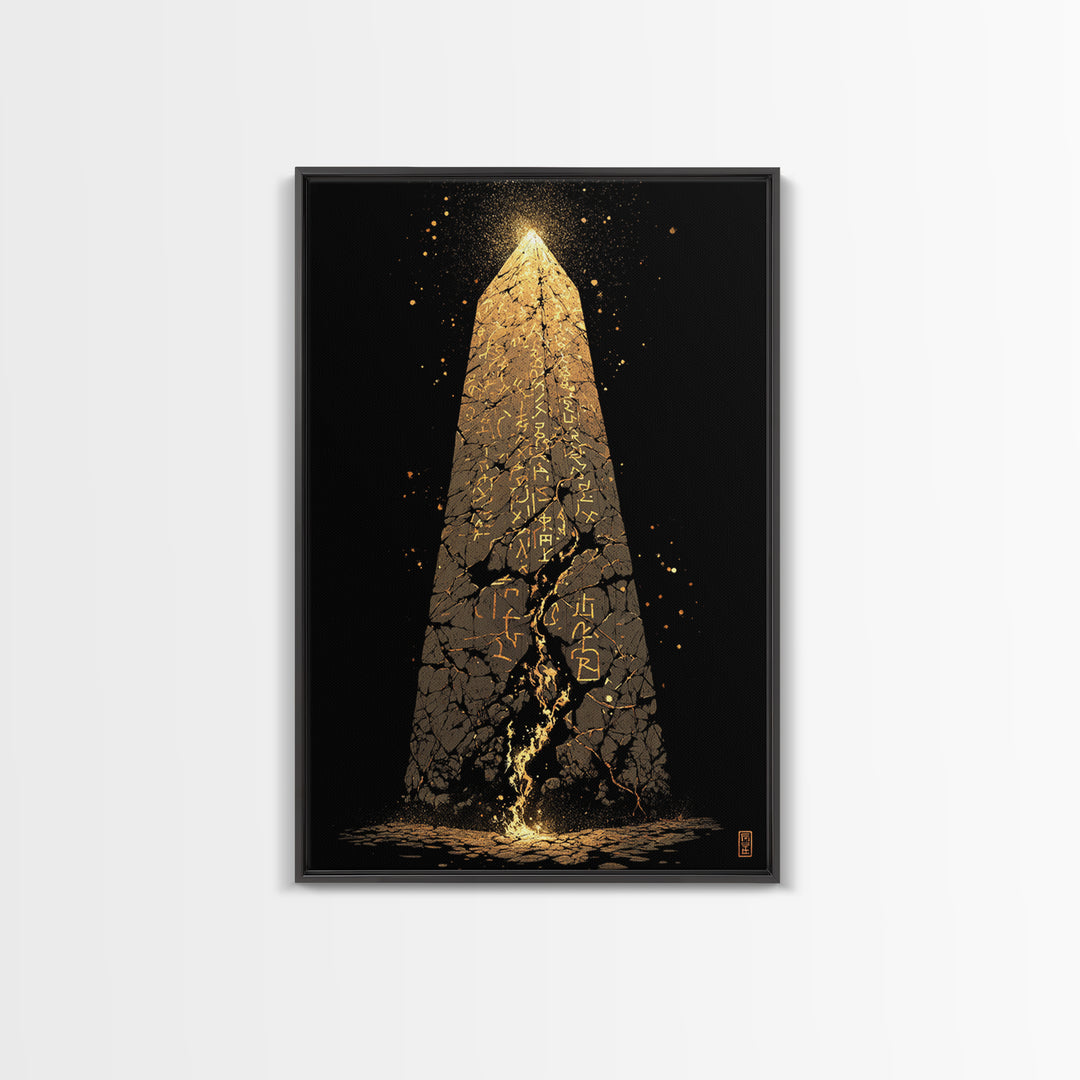 Glowing Obelisk Canvas Gold Art, Viking Canvas Art Wall Decor with Norse Runes, Nordic Myth Inspired Office Decor in real wood frame