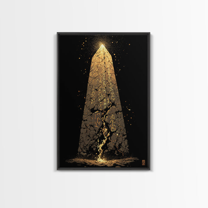 Glowing Obelisk Canvas Gold Art, Viking Canvas Art Wall Decor with Norse Runes, Nordic Myth Inspired Office Decor in real wood frame