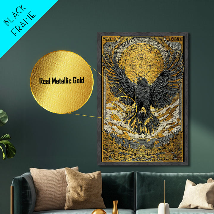 Nordic Eagle Guardian Metallic Gold Art Metal Art | Viking Wall Decor Norse Mythology Art for Men | Mounted in Real Wood Frame