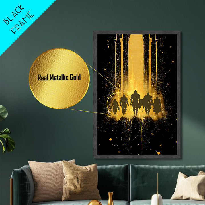 Norse Warriors Metallic Gold Art, Viking Metal Art Wall Decor with Epic Battle Silhouettes, Man Cave Gift framed in real wood