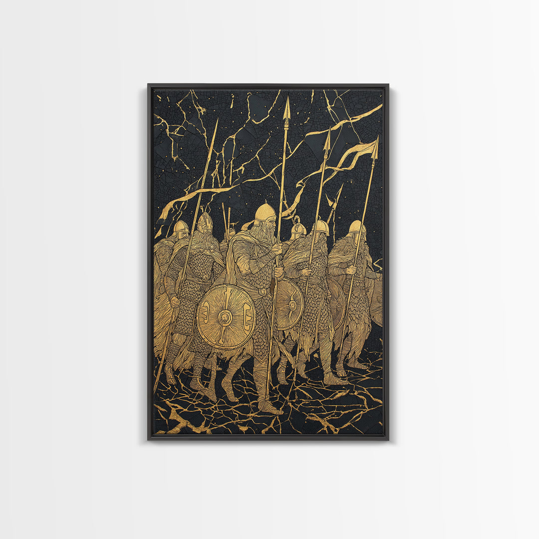 Viking Army March Canvas Gold Art Canvas Art | Norse Warrior Battle Scene Wall Decor for Man Cave or Office | Framed in Real Wood