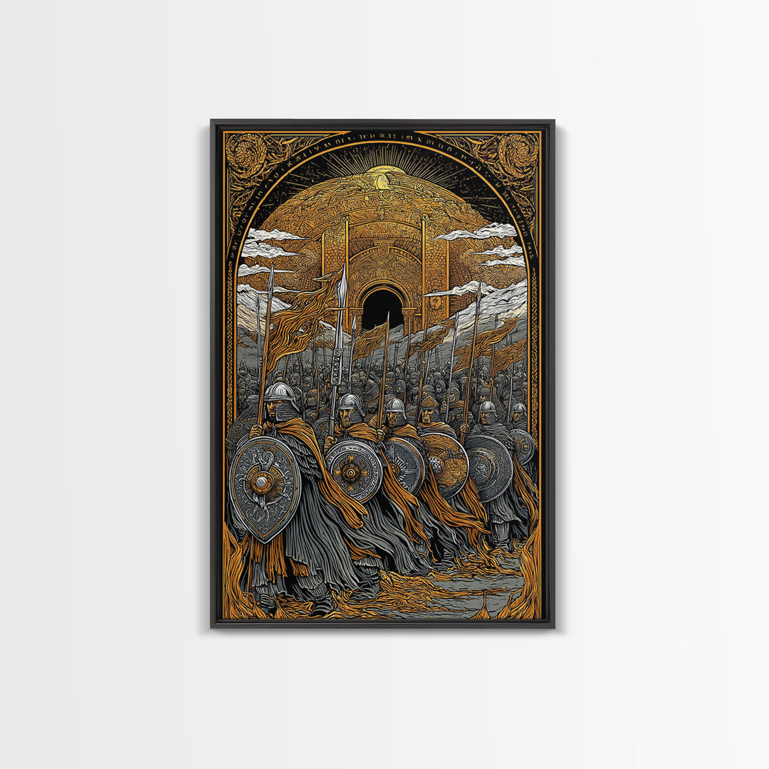Asgardian Army Canvas Gold Art Canvas Art | Norse Mythology Wall Decor with Viking Soldiers | Office or Dad Gift in Wood Frame