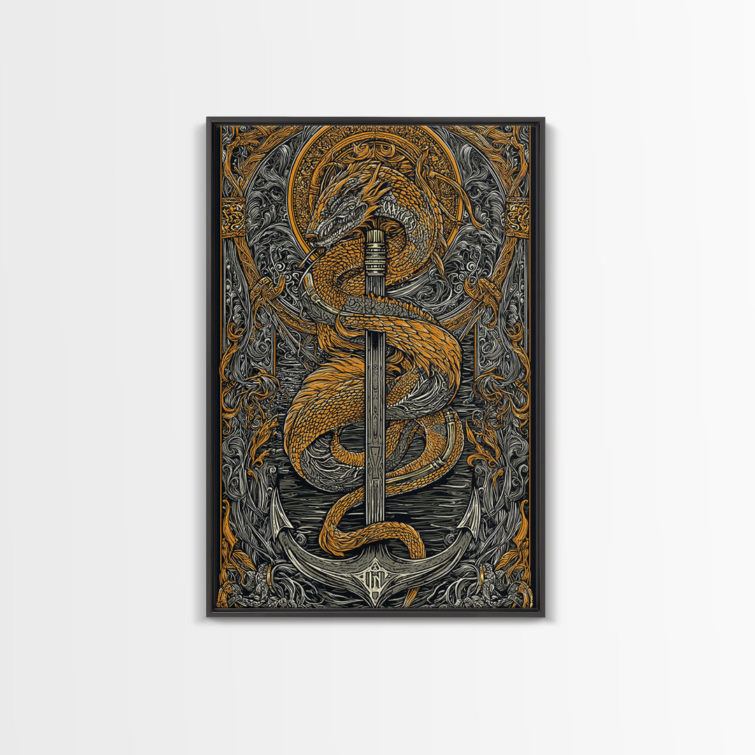Jormungandr Serpent Canvas Gold Art Canvas Art | Norse Sea Dragon Mythology Wall Decor Pagan Symbol | Office Art with Real Wood