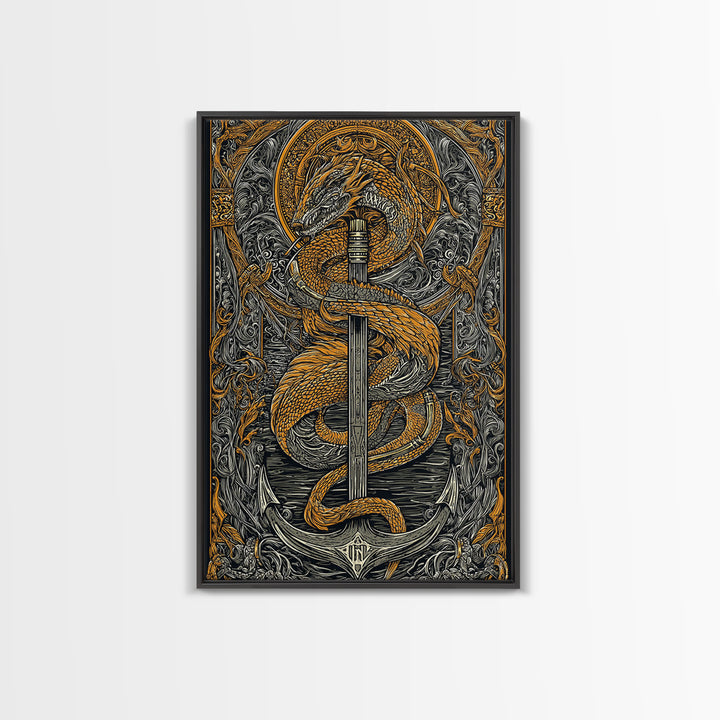 Jormungandr Serpent Canvas Gold Art Canvas Art | Norse Sea Dragon Mythology Wall Decor Pagan Symbol | Office Art with Real Wood