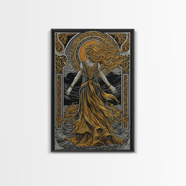 Goddess Freyja Canvas Gold Art Canvas Art | Norse Mythology Divine Feminine Wall Decor | Man Cave or Office Art in Wood Frame