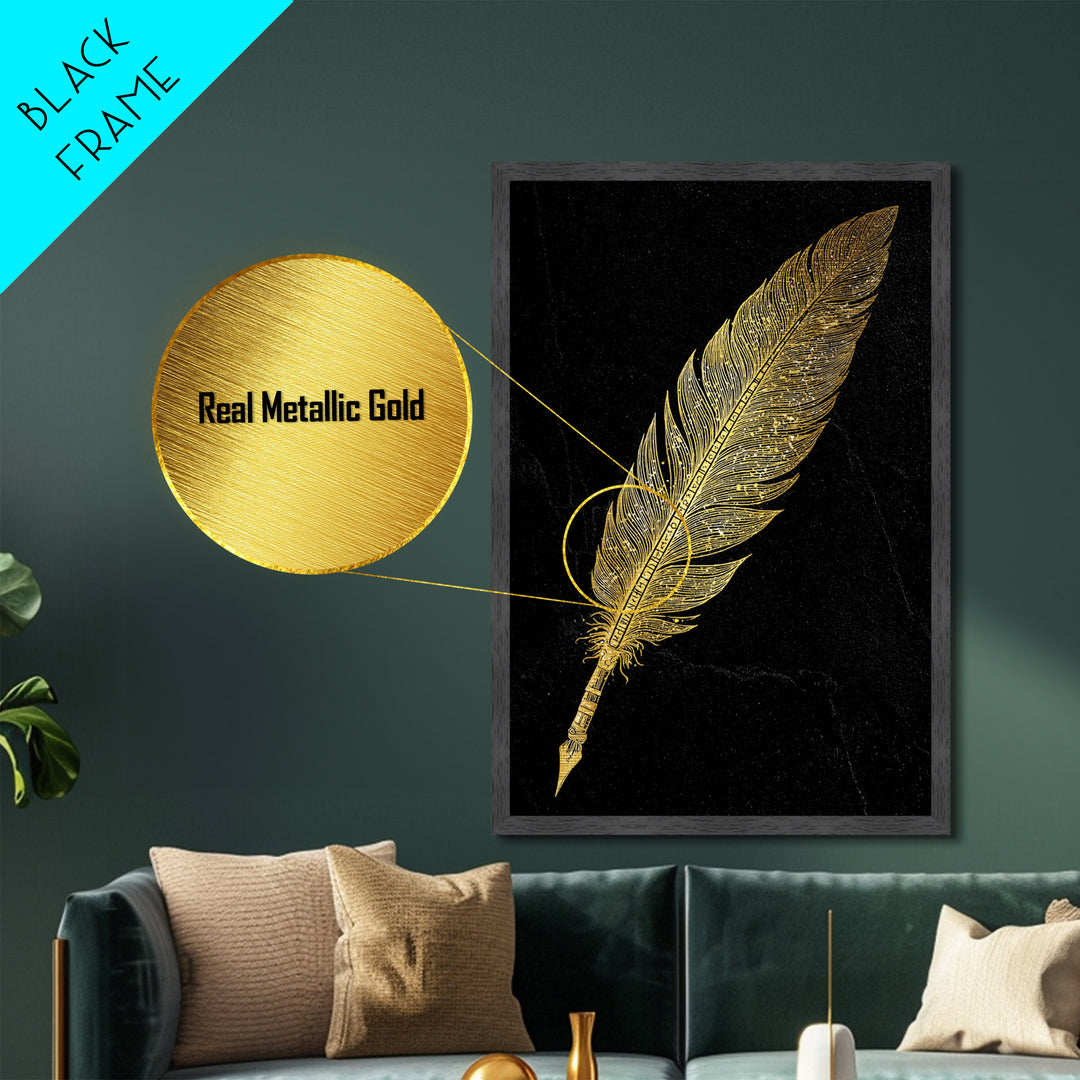 Runic Feather Quill Metallic Gold Art Metal Art | Viking Mythology Writing Symbol Wall Decor | Office or Study Gift with Wood Frame