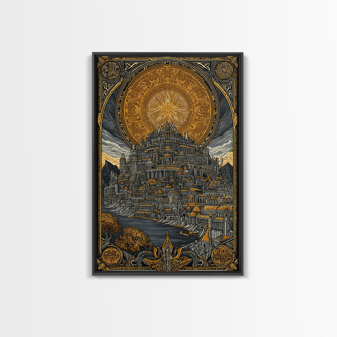 Asgard City Canvas Gold Art Canvas Art | Norse Mythology Viking Wall Decor Office Art | Nordic Fortress Scene in Real Wood Frame