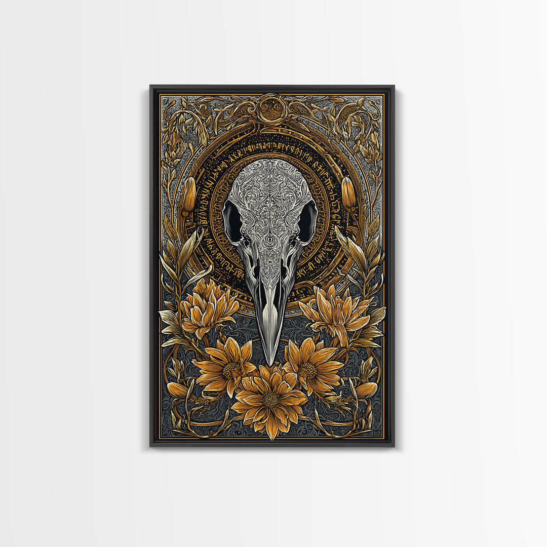 Floral Raven Skull Canvas Gold Art Canvas Art | Norse Mythology Pagan Decor for Office or Man Cave | Viking Symbol in Wood Frame
