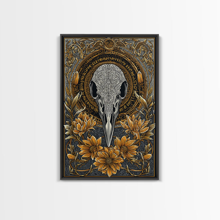 Floral Raven Skull Canvas Gold Art Canvas Art | Norse Mythology Pagan Decor for Office or Man Cave | Viking Symbol in Wood Frame