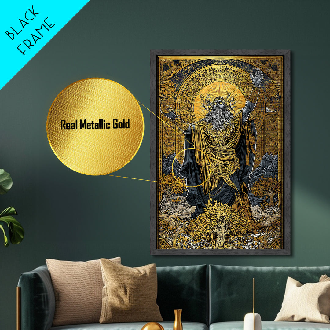 Norse God Metallic Gold Art Metal Art – Odin Inspired Mythology Wall Decor for Office, Man Cave, or Dad Gift, real wood frame