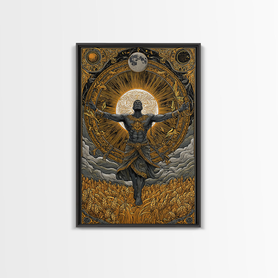 Baldr Nordic Deity Canvas Gold Art Canvas Art – Norse Mythology Sun God Wall Decor for Man Cave, Office, Dad Gift, framed wood