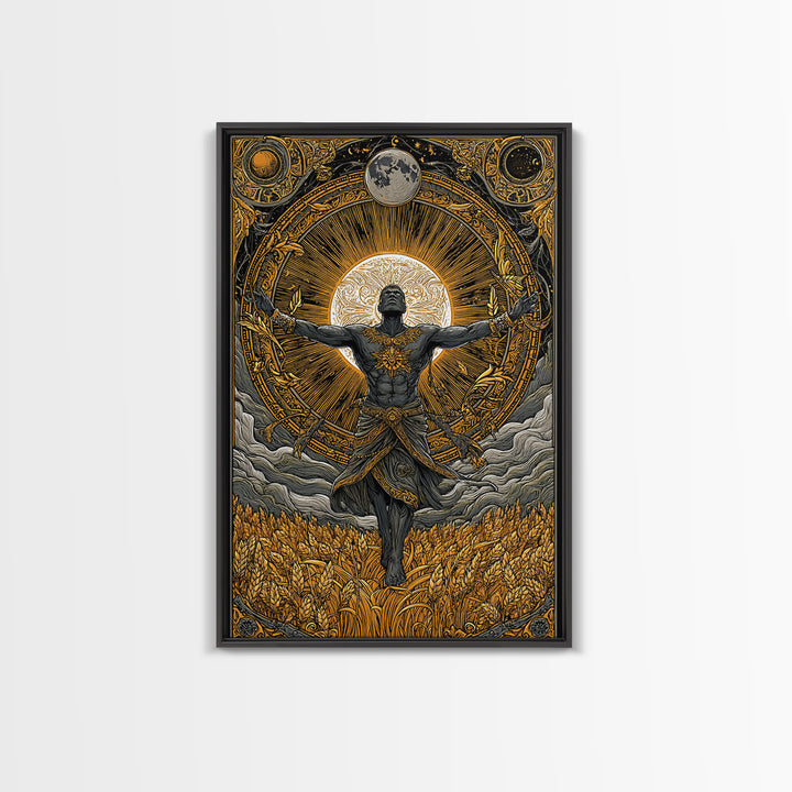 Baldr Nordic Deity Canvas Gold Art Canvas Art – Norse Mythology Sun God Wall Decor for Man Cave, Office, Dad Gift, framed wood