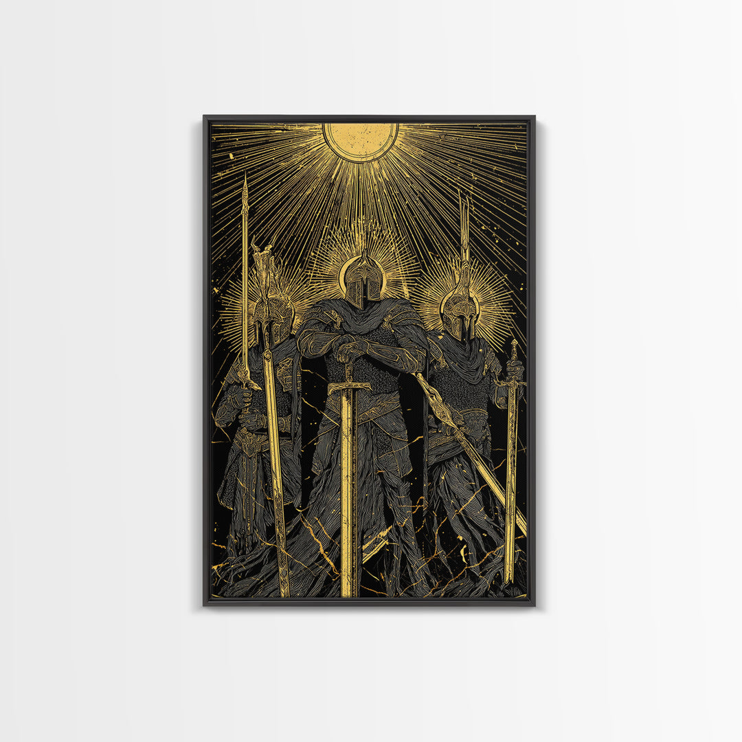 Einherjar Warriors Canvas Gold Art Canvas Art – Norse Afterlife Battle Viking Wall Decor for Dad Gift, Man Cave or Office, wood framed