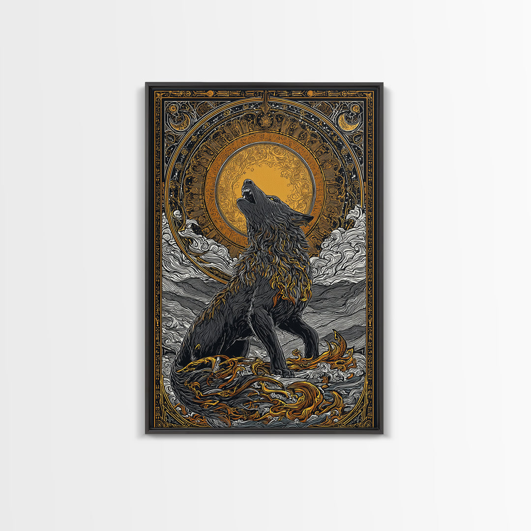 Fenrir Norse Wolf Myth Canvas Gold Art Canvas Art, Nordic Wall Decor with natural wood frame, Viking Man Cave Wall Hanging Office