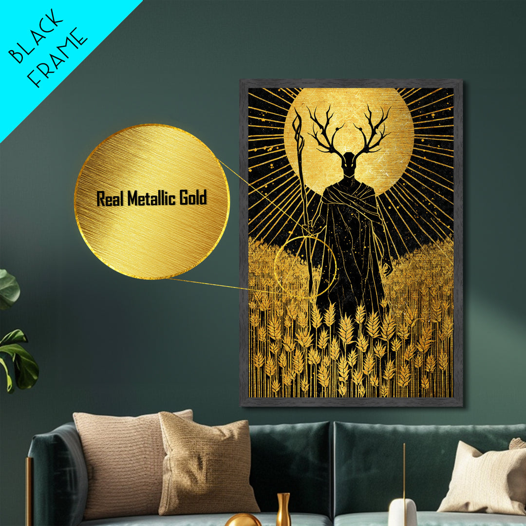 Nordic Frey God of Fertility Metallic Gold Art Metal Art, Viking Mythology Wall Decor, natural wood framed art, Office and Dad Gift