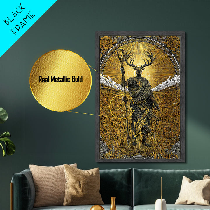 Norse God Frey Metallic Gold Art Metal Art, Nordic Mythology Wall Decor, framed in real wood, Viking Office Wall Art, Unique Dad Gift