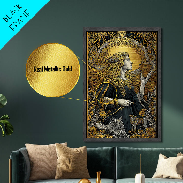 Norse Goddess Freyja Metallic Gold Art Metal Art, Viking Wall Decor framed in natural wood, Nordic Office Art and Unique Gift for Him