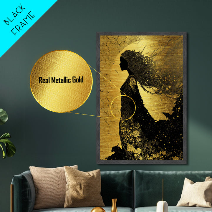 Freyja Norse Goddess Metallic Gold Art Metal Art, Viking Mythology Wall Decor, framed in real wood, Elegant Office and Man Cave Gift