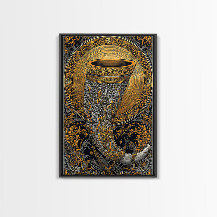 Viking Drinking Horn Wall Decor Gjallarhorn Canvas Gold Art Canvas Art Nordic Mythology Office Wall Art framed in natural wood