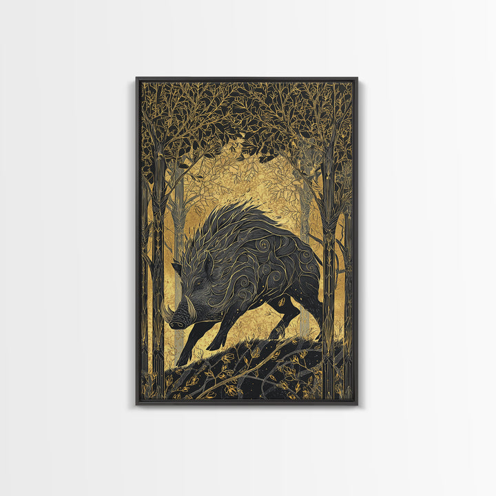 Gullinbursti Boar Norse Mythology Print Canvas Gold Art Canvas Art Nordic Wall Decor Viking Man Cave Art with real wood frame