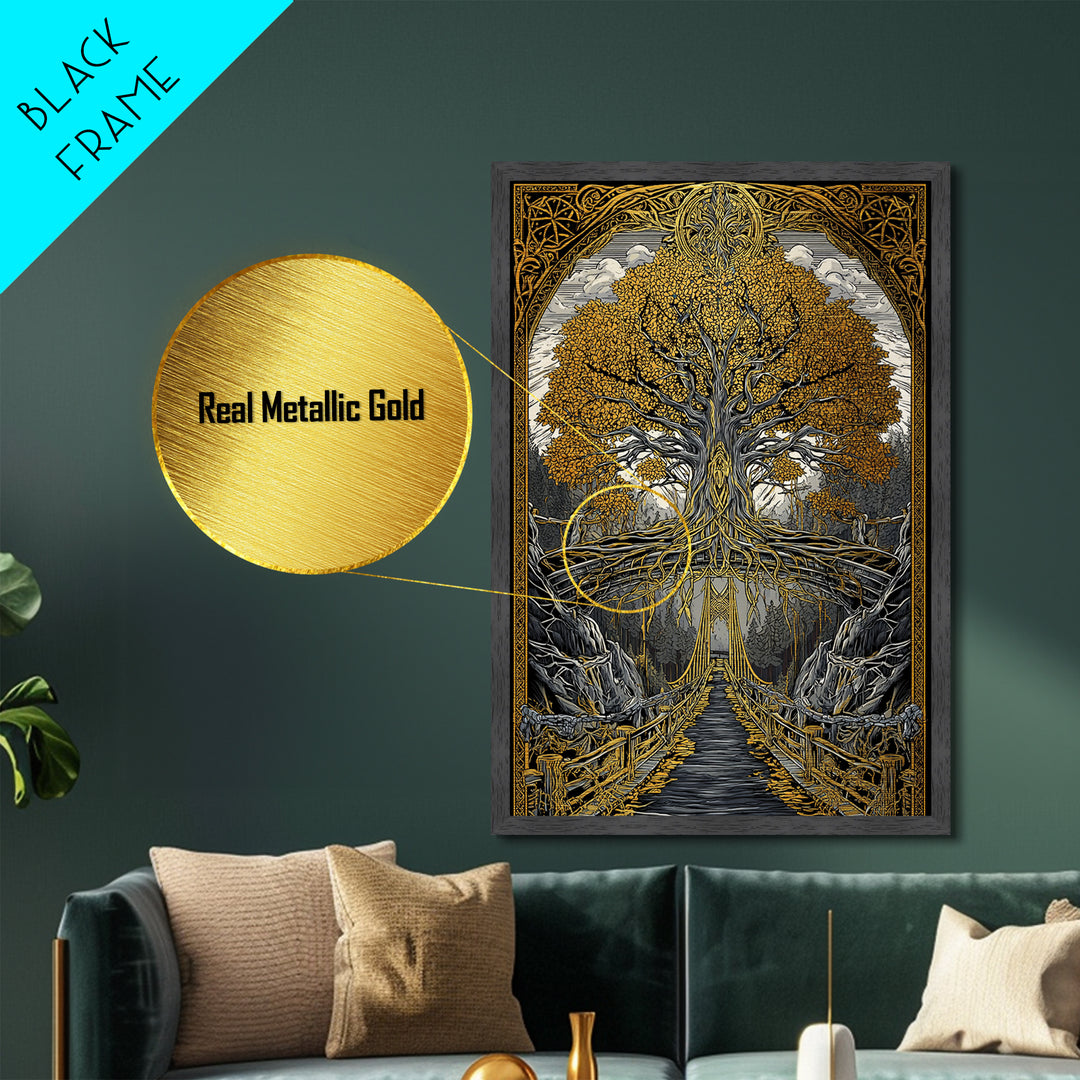 Nordic Helheim Bridge Mythology Print Metallic Gold Art Metal Art Viking Wall Decor for Men Office or Dad Gift framed in wood
