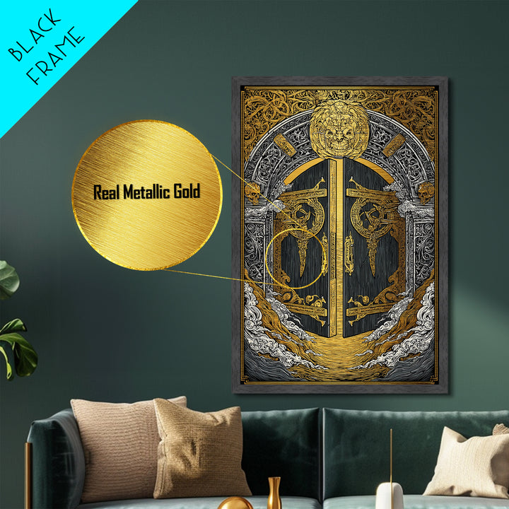Helheim Norse Realm of the Dead Metallic Gold Art Metal Art Viking Mythology Wall Art Office Decor Man Cave framed in wood trim