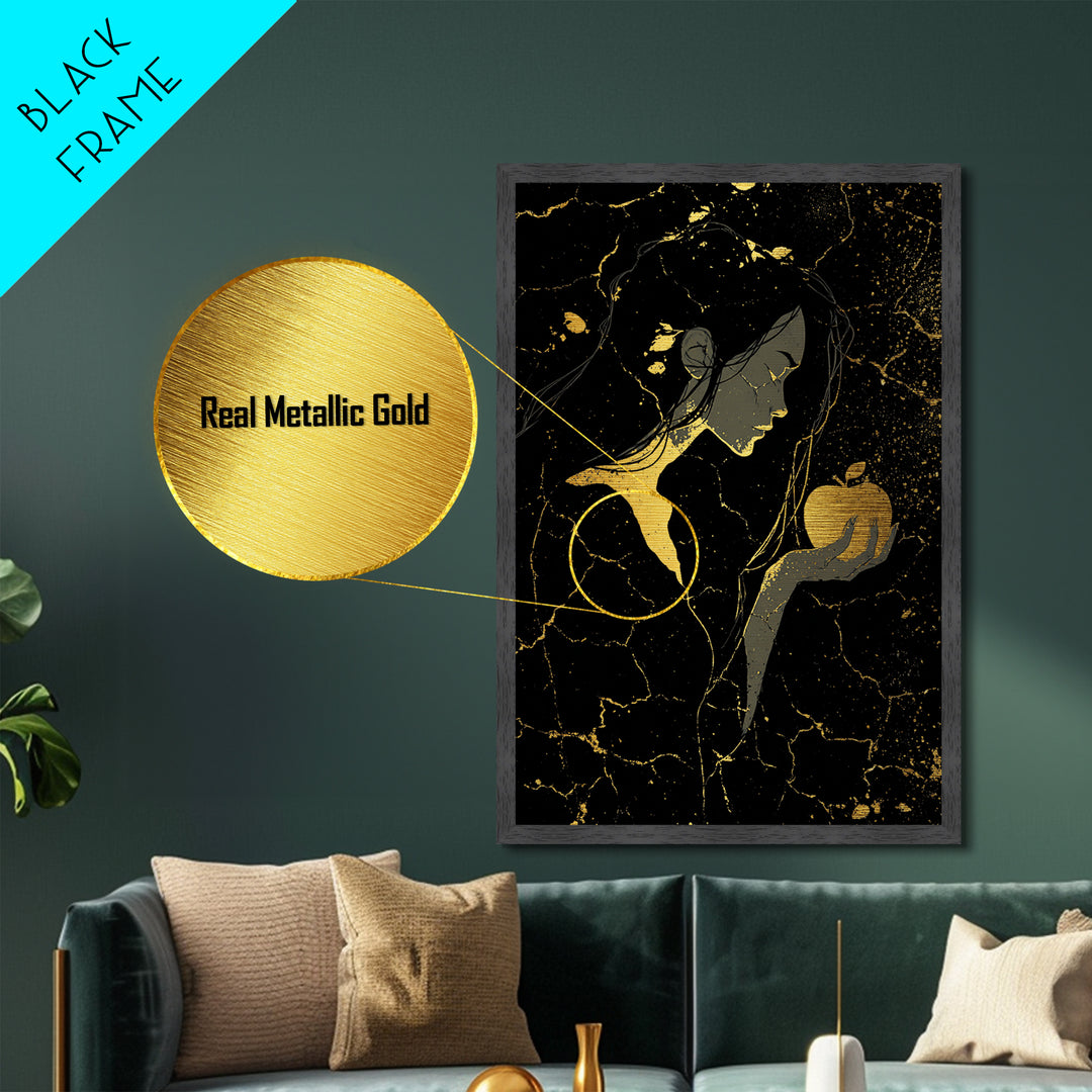 Norse Goddess Idunn Golden Apples Metallic Gold Art Metal Art Nordic Wall Decor Viking Office or Man Cave framed in real wood