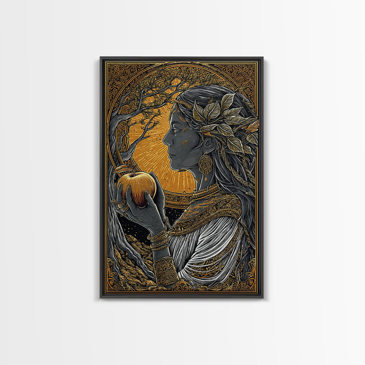 Idunn Goddess of Youth Norse Mythology Canvas Gold Art Canvas Art Nordic Wall Decor Office Art Dad Gift framed in natural wood