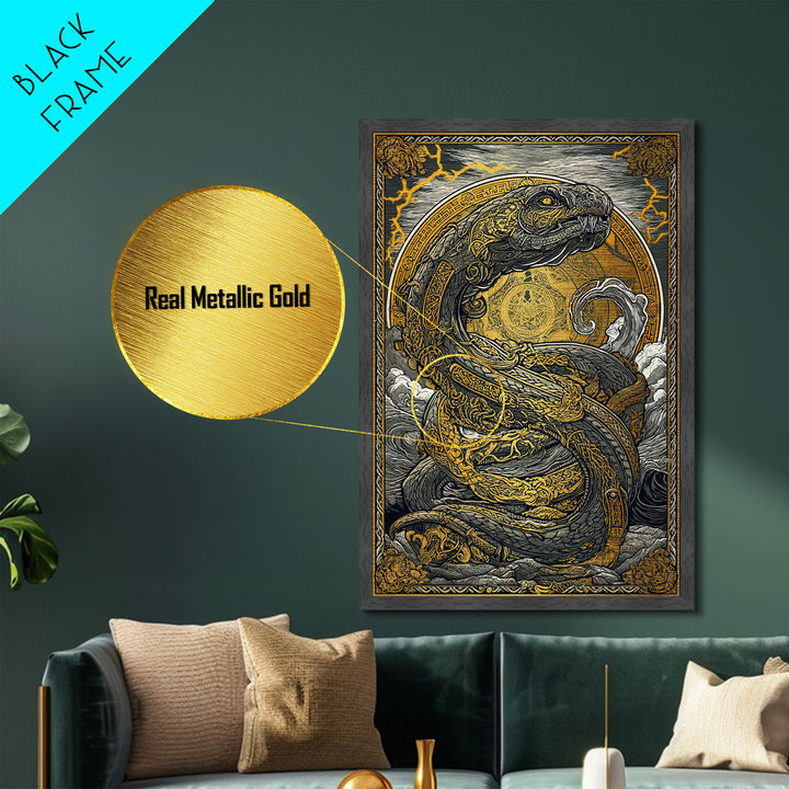 Norse Jrmungandr Metallic Gold Art Metal Art | Viking Serpent Wall Decor | Mythology Office Art framed in natural wood