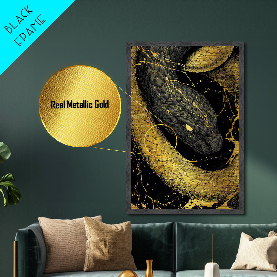 Metallic Gold Art Jrmungandr Midgard Serpent Metal Art | Norse Wall Decor | Viking Office Art with real wood frame