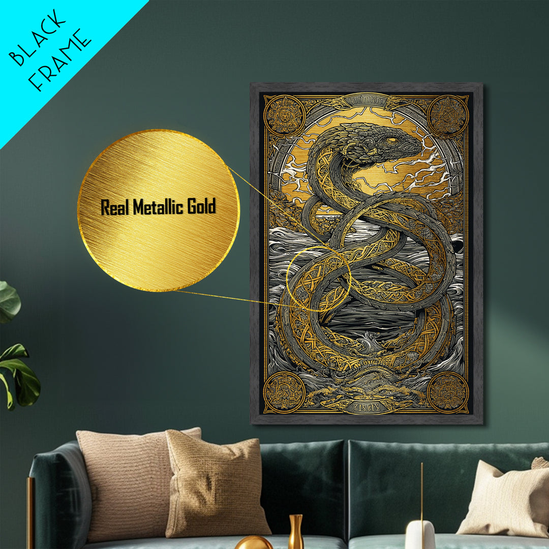 Nordic Mythology Jrmungandr Serpent Metallic Gold Art Metal Art | Viking Decor | Man Cave Gift framed in rustic wood