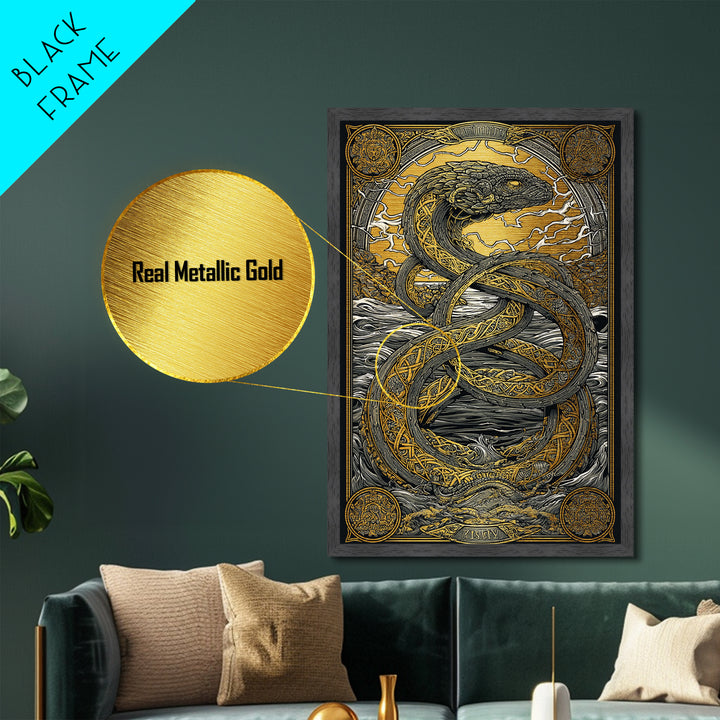 Nordic Mythology Jrmungandr Serpent Metallic Gold Art Metal Art | Viking Decor | Man Cave Gift framed in rustic wood