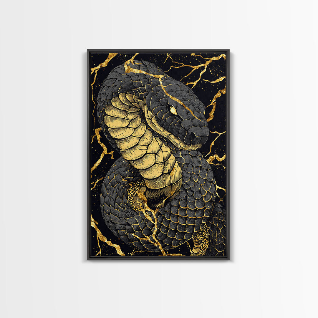 Jormungandr Midgard Serpent Canvas Gold Art Canvas Art Viking Mythology Wall Decor Nordic Office Man Cave Gift with wood frame
