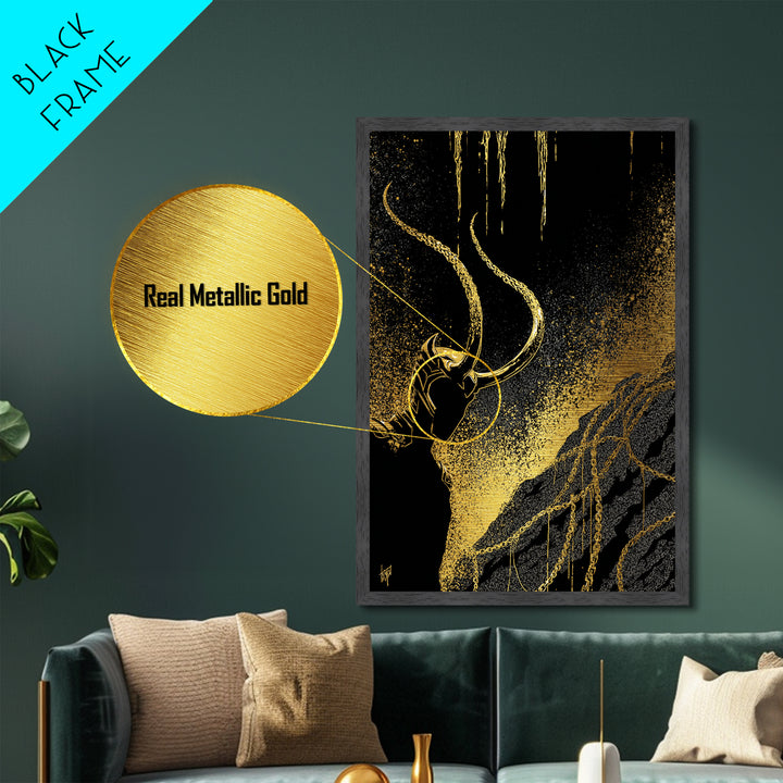 Loki Bound Metallic Gold Art Metal Art | Norse Trickster God Wall Decor | Viking Mythology Man Cave framed in wood