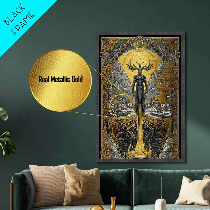 Nordic Loki Metallic Gold Art Metal Art | Viking God of Mischief Wall Decor | Norse Office Art Gift in real wood frame