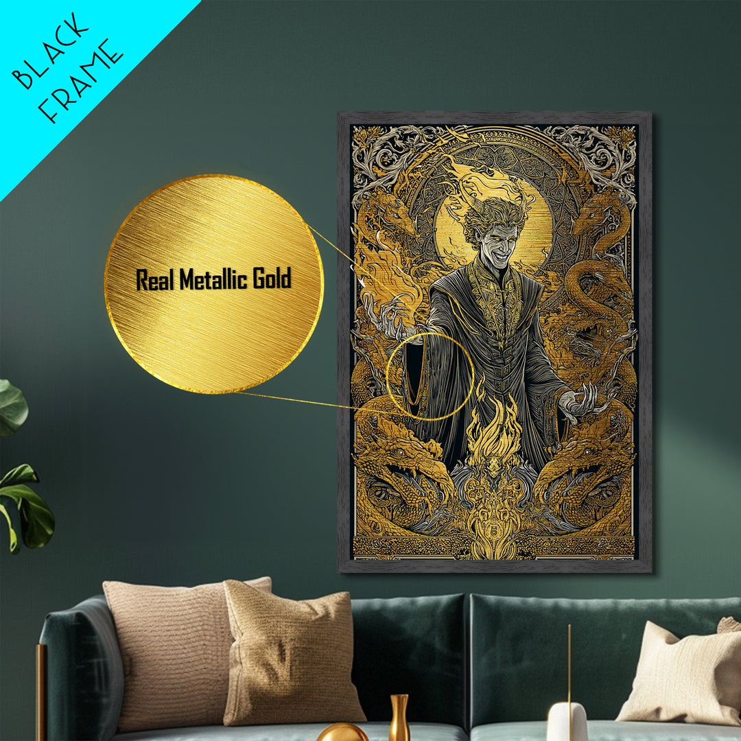 Loki Mythology Metallic Gold Art Metal Art | Norse Trickster God Viking Decor | Office Wall Art framed with wood