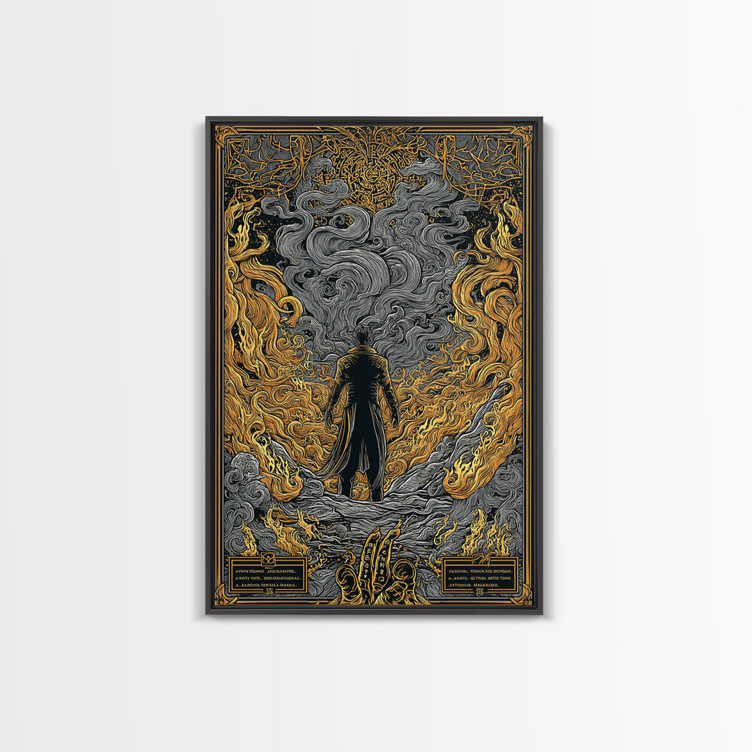 Canvas Gold Art Loki Norse God Canvas Art | Viking Wall Decor | Nordic Mythology Office Art Gift in natural wood frame