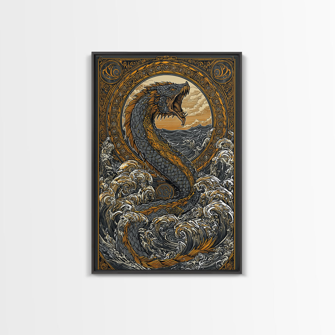 Midgard Norse Landscape Canvas Gold Art Canvas Art | Viking World Tree Inspired Decor | Mythology Office Art framed wood