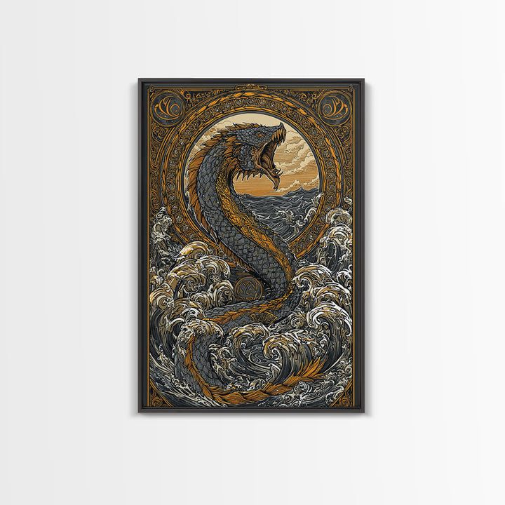 Midgard Norse Landscape Canvas Gold Art Canvas Art | Viking World Tree Inspired Decor | Mythology Office Art framed wood