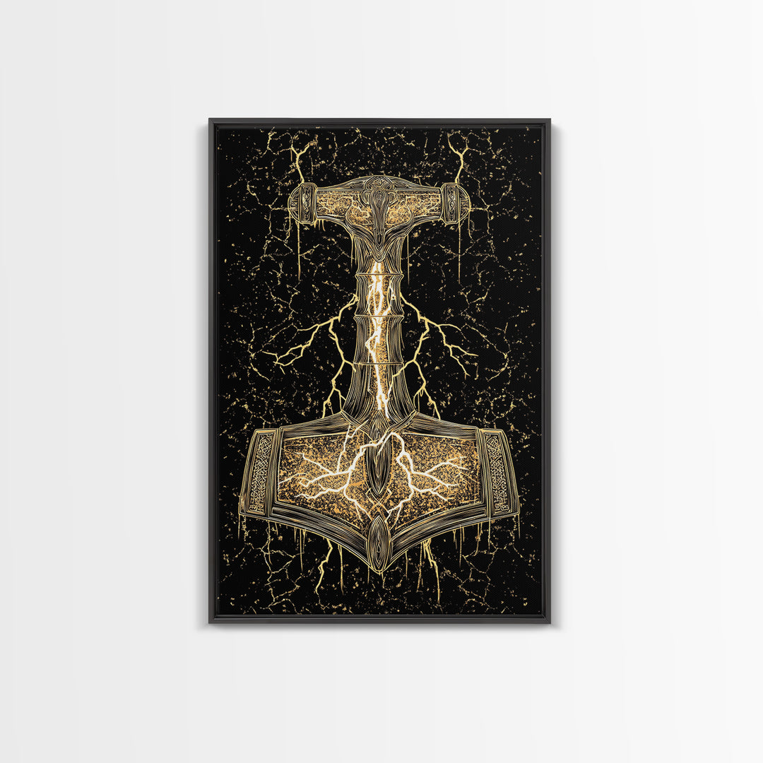 Thor’s Hammer Mjolnir Norse Mythology Canvas Gold Art, Viking Canvas Art with Lightning, framed in natural real wood for office décor