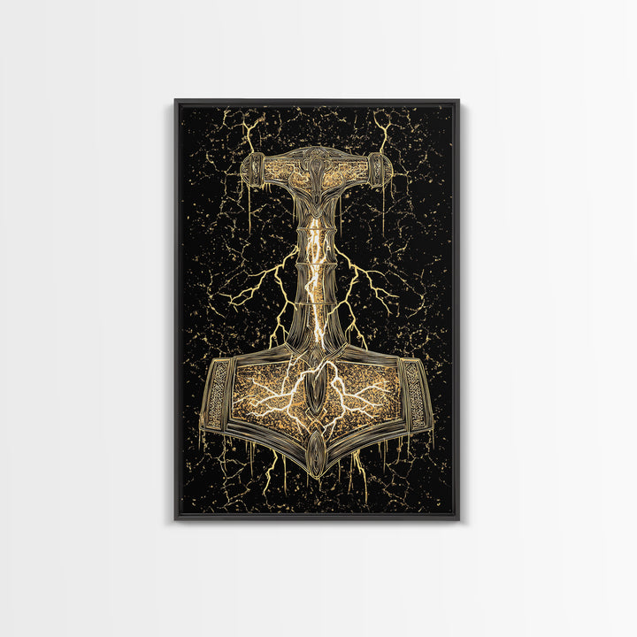 Thor’s Hammer Mjolnir Norse Mythology Canvas Gold Art, Viking Canvas Art with Lightning, framed in natural real wood for office décor