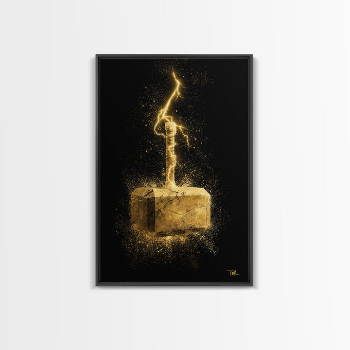 Canvas Gold Art of Thor’s Hammer Mjolnir, Norse Mythology inspired Canvas Art, Viking Man Cave wall décor with real wood framing